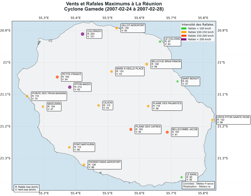 Carte des rafales - cyclone tropical Gamède - 2007